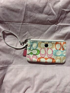Coach White Signature Wristlet with Pink, Green, Blue & Orange Accents